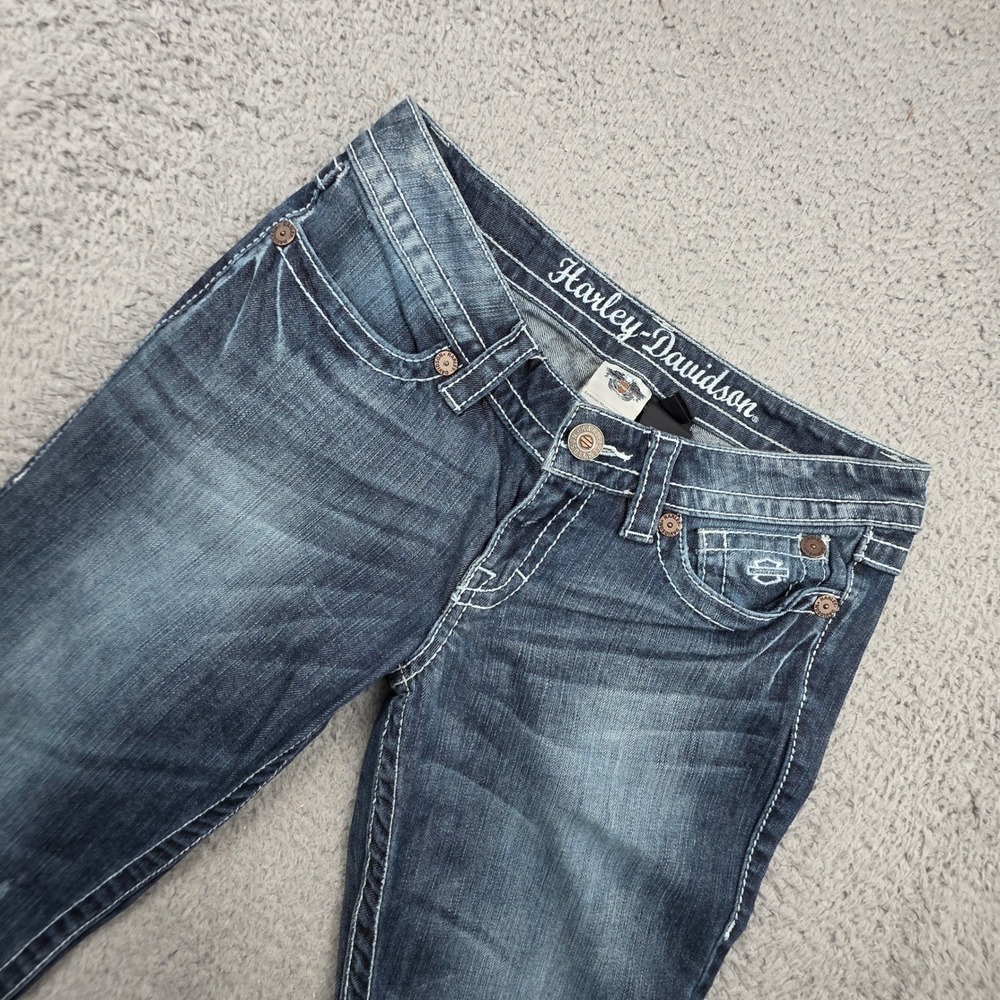 Harley Davidson Jeans Women 6 Blue Bootcut Low Rise Thick Stitch Embroidered